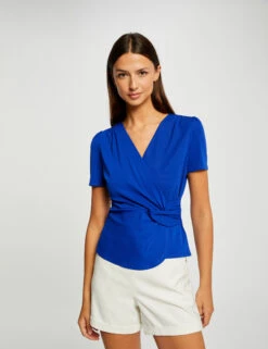 T-shirt Manches Courtes Col Cache-coeur Bleu Electrique Femme