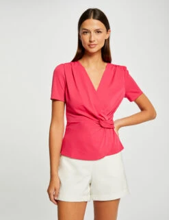 T-shirt Manches Courtes Col Cache-coeur Framboise Femme