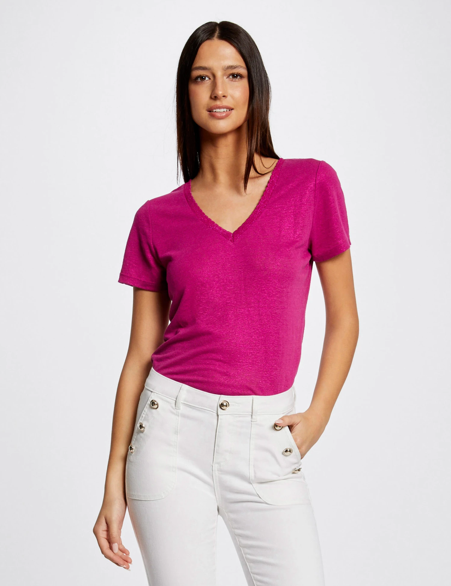 T-shirt Manches Courtes Col En V Framboise Femme – Image 3
