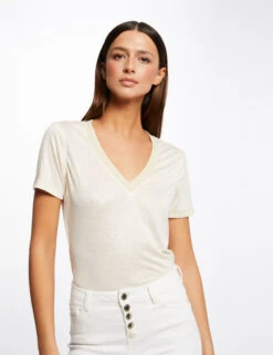 T-shirt Manches Courtes Col En V Ivoire Femme