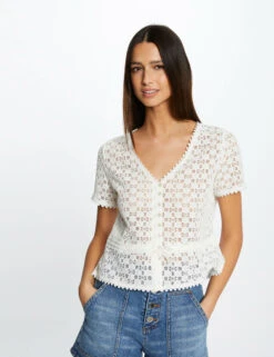 T-shirt Manches Courtes En Dentelle Ecru Femme