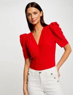 T-shirt Manches Courtes Froncé Rouge Femme