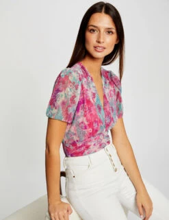 T-shirt Manches Courtes Imprimé Floral Rose Femme
