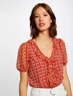 T-shirt Manches Courtes Imprimé Végétal Rouge Femme