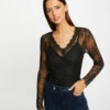 T-shirt Manches Longues à Dentelle Noir Femme