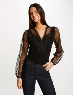 T-shirt Manches Longues à Plumetis Noir Femme