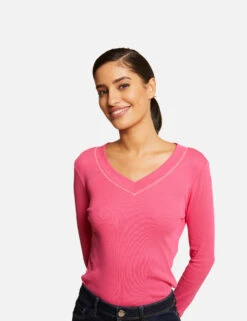 T-shirt Manches Longues Avec Col En V Fuchsia Femme