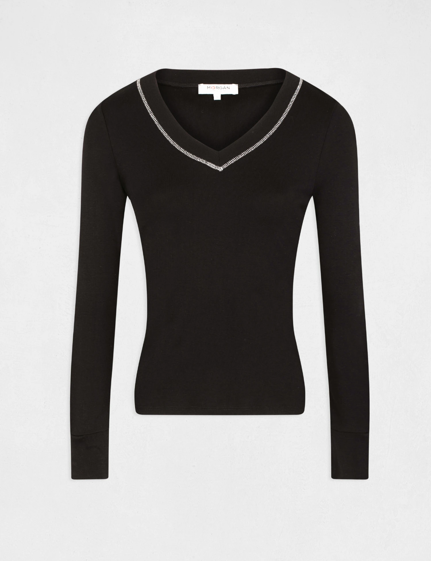 T-shirt Manches Longues Avec Col En V Noir Femme – Image 4