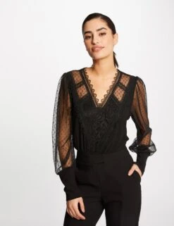 T-shirt Manches Longues Avec Plumetis Noir Femme