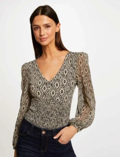 T-shirt Manches Longues Smocké Imprimé Multico Femme