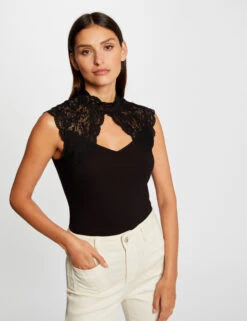 T-shirt Sans Manches à Dentelle Noir Femme